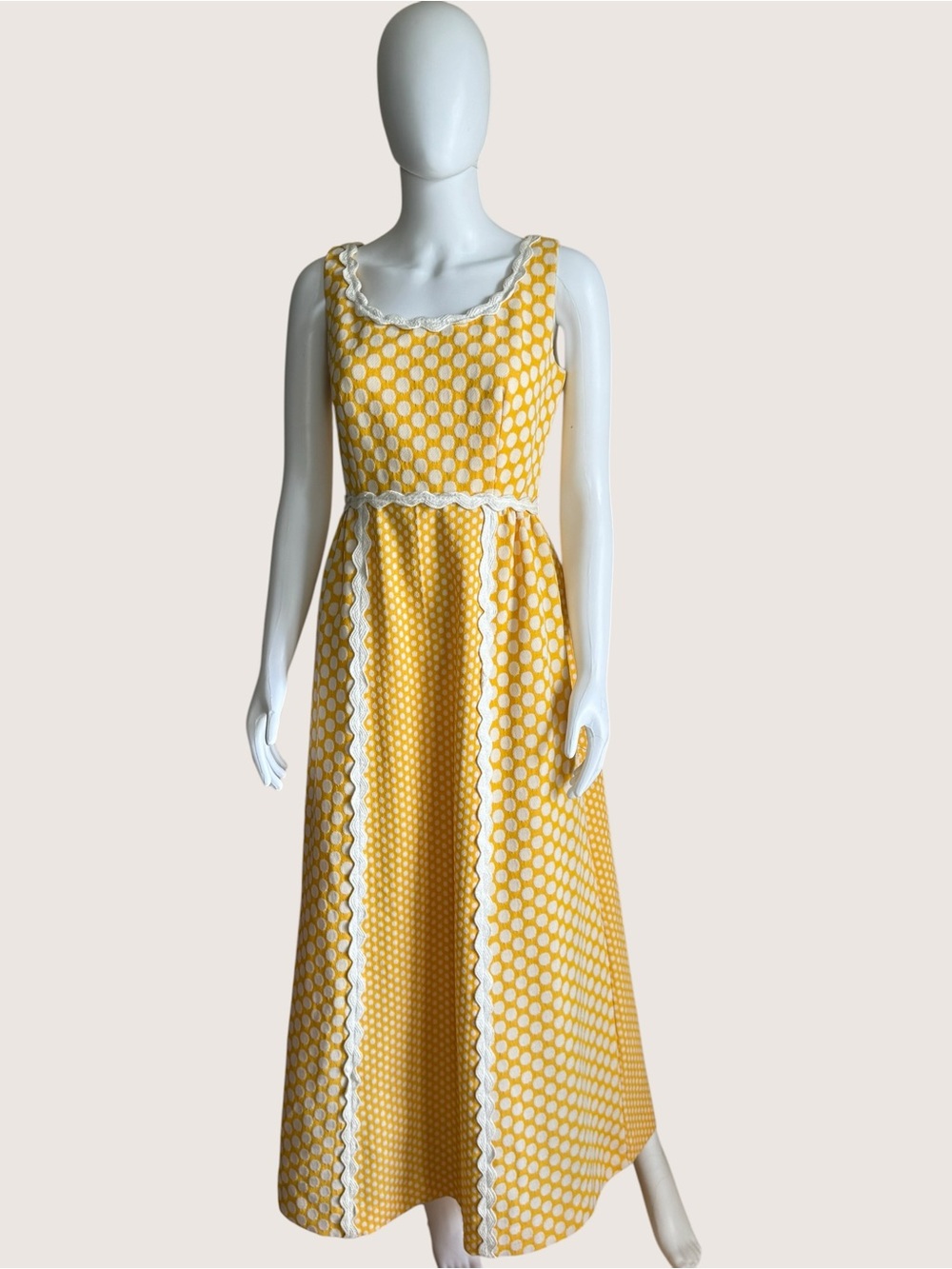 Vintage 1970’s  Yellow White Polka Dot Sleeveless Maxi Dress